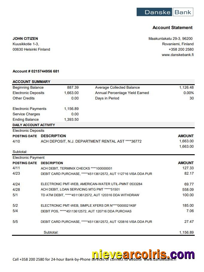 Finland Danske bank statement easy to fill in .xls and .pdf file format